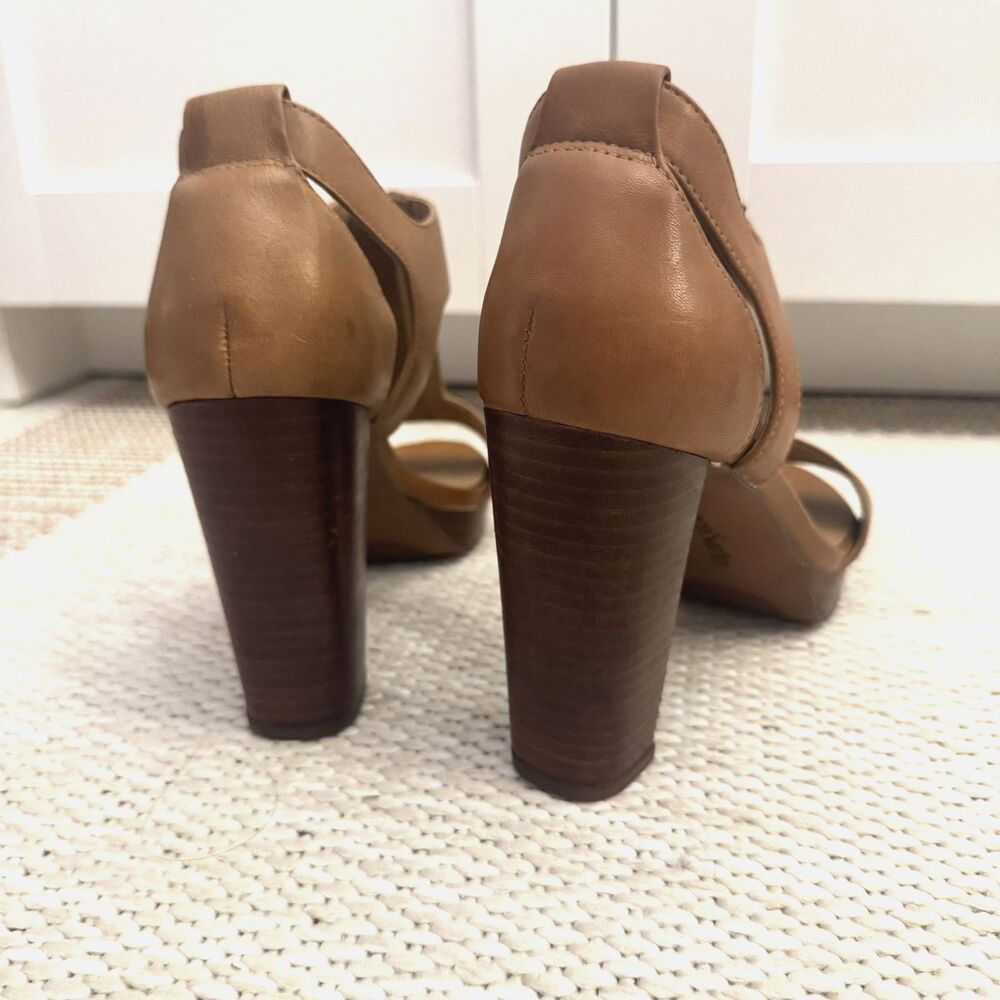 Franco Sarto Myriad Block Heel Sandal Women's 6 Tan Leather Gold Zipper Open Toe - Picture 2 of 7